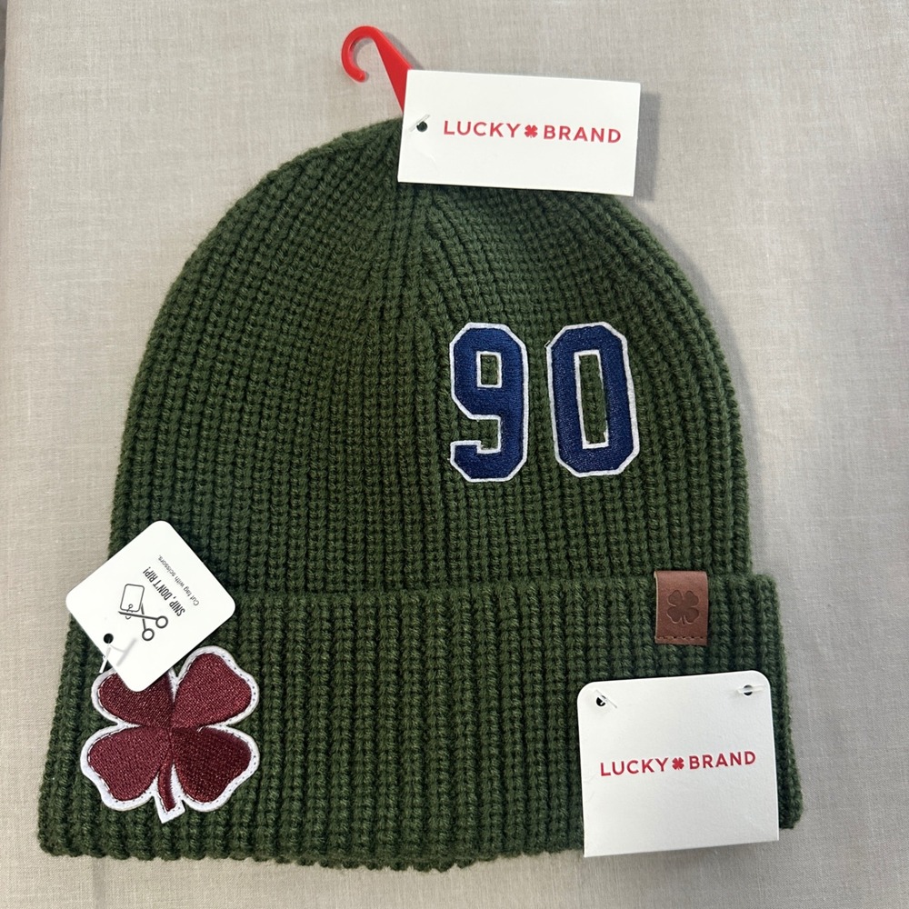 Lucky Brand Men's OS Beanie Rifle Green Ribbed Knit 90 Clover Patch y2k NEW